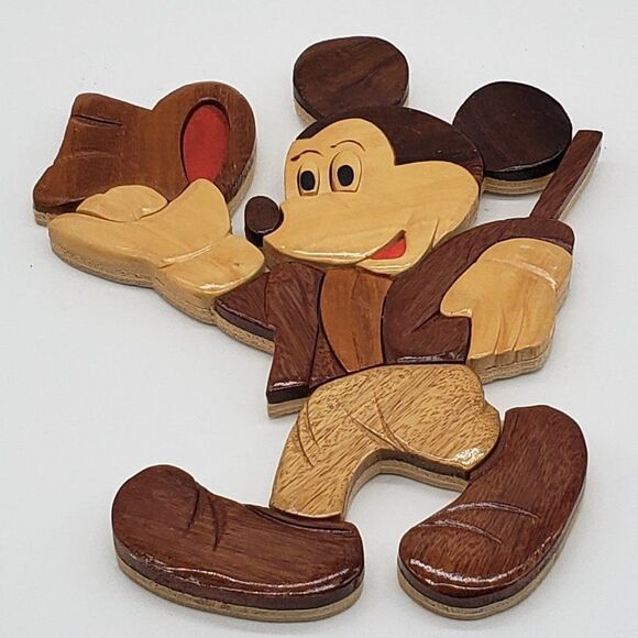 Intarsia Wood Vintage 1980s Carved Mickey Mouse Top Hat & Cane Wall Hanging - Picture 15 of 15